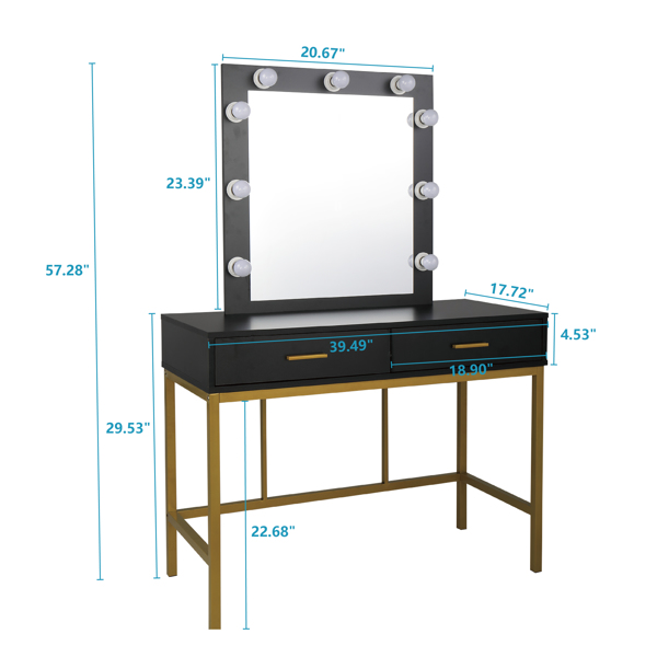 梳妆桌-铁框架带灯泡两抽单方镜轻奢风- 密度板贴三胺-黑色（不含凳）-20