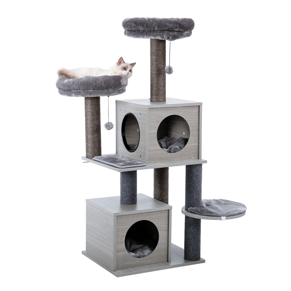 灰色多层猫台带有2个宽敞舒适的猫窝，2个顶部躺窝和吊球，剑麻猫抓柱，适合猫休息，玩耍-4