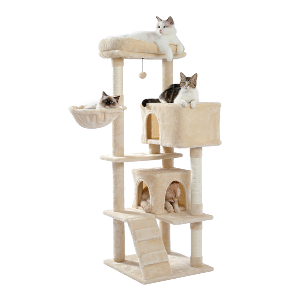 米色多层猫台带有2个舒适猫窝，顶部躺窝和吊床，剑麻猫抓柱和毛绒吊球，适合中小型猫锻炼，休息-3