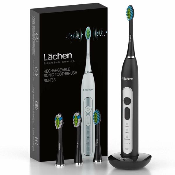 Lächen 电动牙刷声波牙刷，带 4 个刷头和计时器，3 种模式和 3 种振动级别，带旅行包（B-黑色）-2