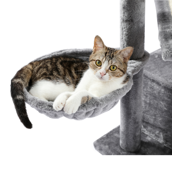 灰色多层猫台带有宽敞猫窝，顶部躺窝和吊床，多层跳跃平台，剑麻猫抓柱和吊球，适合中小型猫锻炼和休息-6