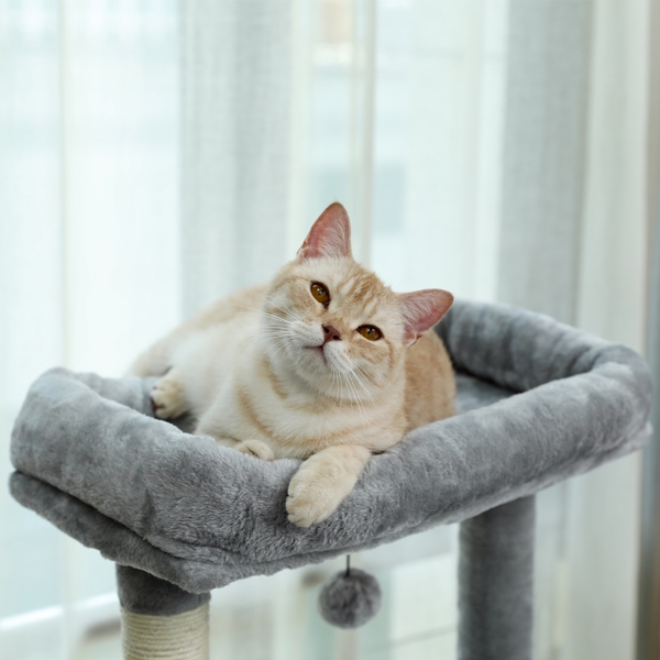灰色多层猫台带有2个舒适猫窝，顶部躺窝和吊床，剑麻猫抓柱和毛绒吊球，适合中小型猫锻炼，休息（周末无法发货，请谨慎下单）-7