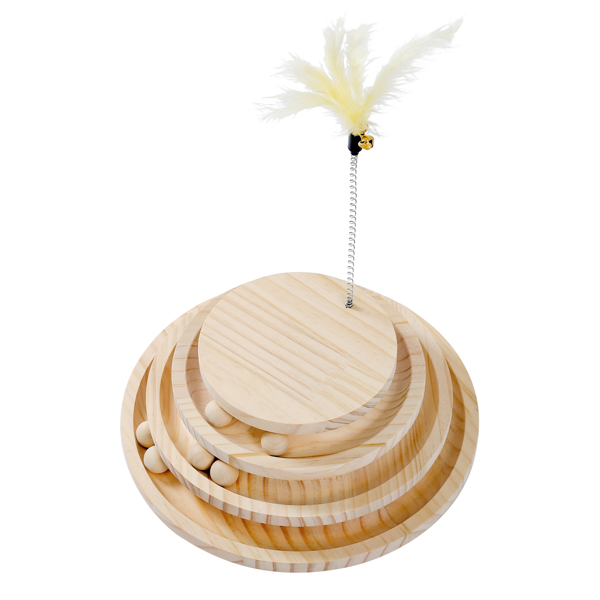米色三层木质猫转盘带有小铃铛的羽毛玩具，猫互动木质小球玩具-7
