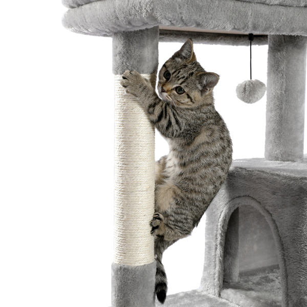 灰色多层猫台带有舒适猫窝，顶部躺窝和吊床，剑麻猫抓柱和毛绒吊球，适合中小型猫锻炼，休息（美国分销最低零售价USD 99.99，低于最低零售价不发货）-9