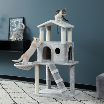 3层灰色板式猫台带有猫窝，毛绒猫床，梯子，剑麻猫抓柱，吊球
