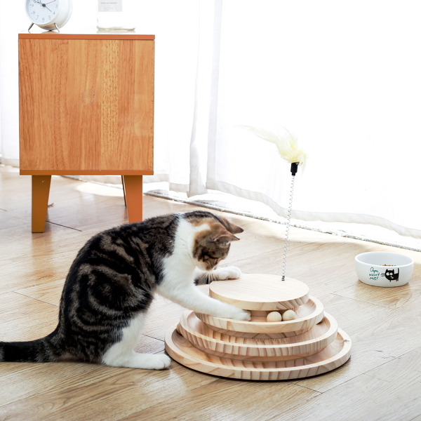 米色三层木质猫转盘带有小铃铛的羽毛玩具，猫互动木质小球玩具-8