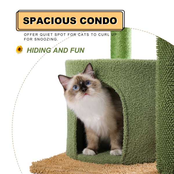 仙人掌系列猫台带有1个舒适的猫窝，宽敞的顶部躺窝，吊床，剑麻猫抓柱和吊球，适合中小型猫锻炼休息-8