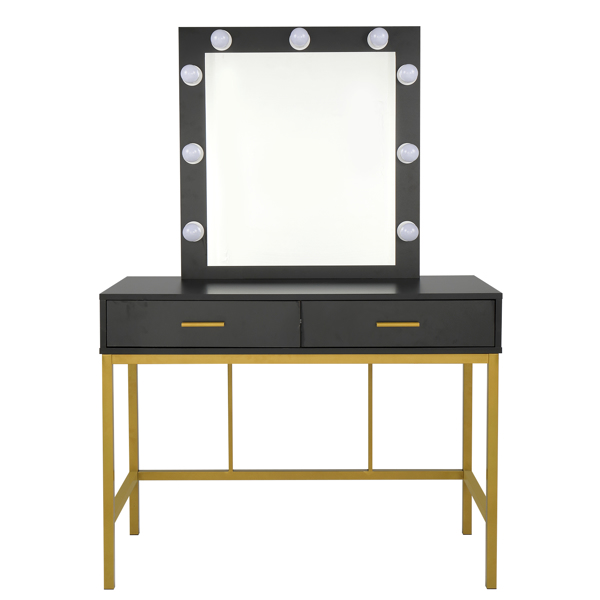 梳妆桌-铁框架带灯泡两抽单方镜轻奢风- 密度板贴三胺-黑色（不含凳）-3