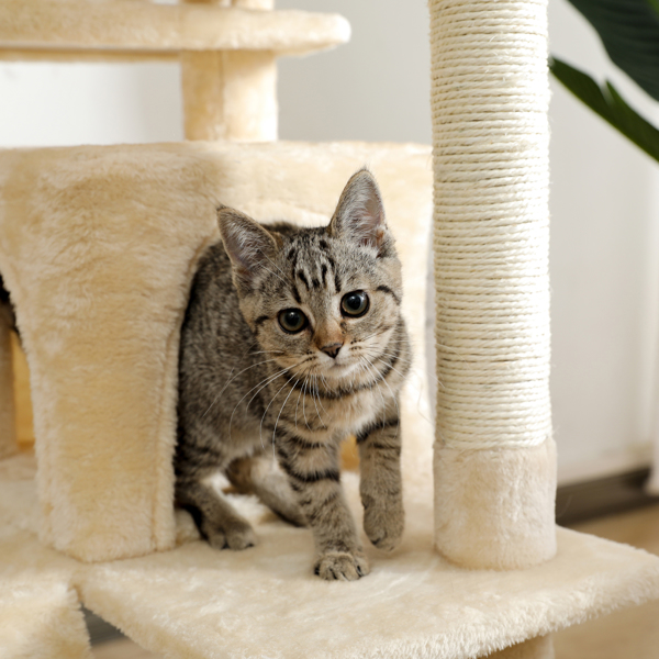 米色多层猫台带有2个舒适猫窝，顶部躺窝和吊床，剑麻猫抓柱和毛绒吊球，适合中小型猫锻炼，休息-9