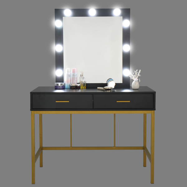 梳妆桌-铁框架带灯泡两抽单方镜轻奢风- 密度板贴三胺-黑色（不含凳）-14