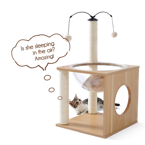 米色猫台带有透明躺窝，剑麻猫抓柱，和毛绒吊球，适合中小型猫娱乐，休息-5