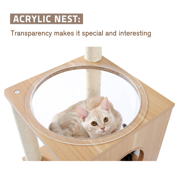 米色猫台带有透明躺窝，剑麻猫抓柱，和毛绒吊球，适合中小型猫娱乐，休息-6
