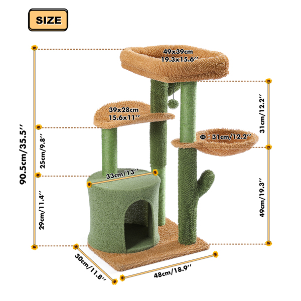 仙人掌系列猫台带有1个舒适的猫窝，宽敞的顶部躺窝，吊床，剑麻猫抓柱和吊球，适合中小型猫锻炼休息-4