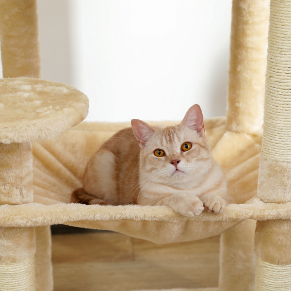 米色多层猫台带有舒适猫窝，顶部躺窝和吊床，剑麻猫抓柱和毛绒吊球，适合中小型猫锻炼，休息-5