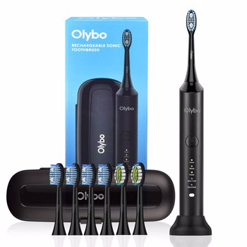 电动牙刷，Olybo 声波牙刷 5 清洁程序带旅行盒，6 个刷头可充电 IPX7 防水，黑色