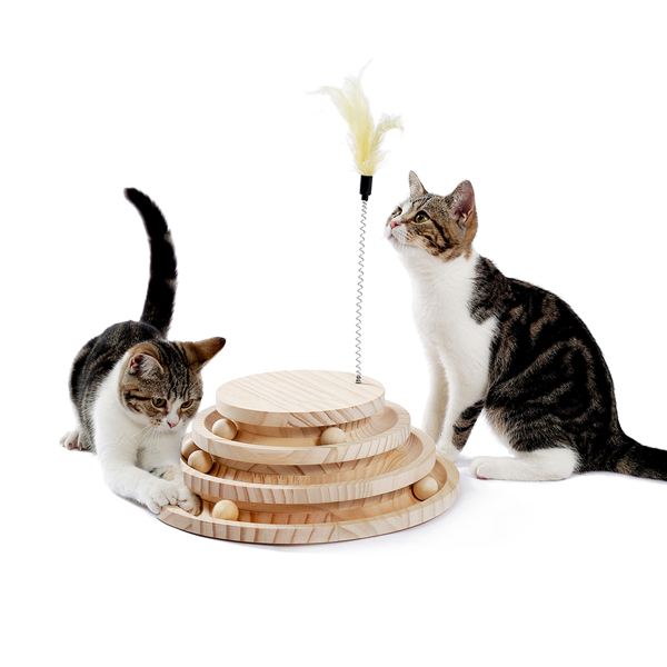 米色三层木质猫转盘带有小铃铛的羽毛玩具，猫互动木质小球玩具-6