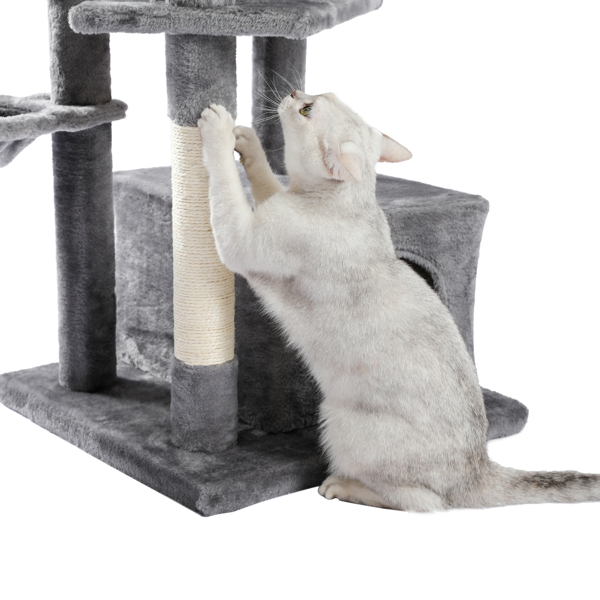 灰色多层猫台带有宽敞猫窝，顶部躺窝和吊床，多层跳跃平台，剑麻猫抓柱和吊球，适合中小型猫锻炼和休息-7