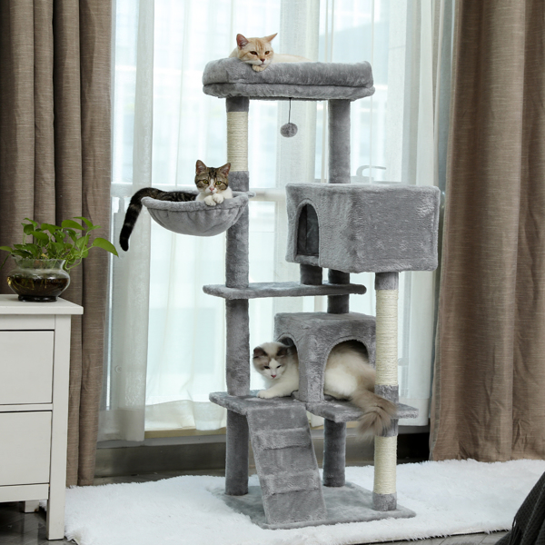 米色多层猫台带有2个舒适猫窝，顶部躺窝和吊床，剑麻猫抓柱和毛绒吊球，适合中小型猫锻炼，休息-2