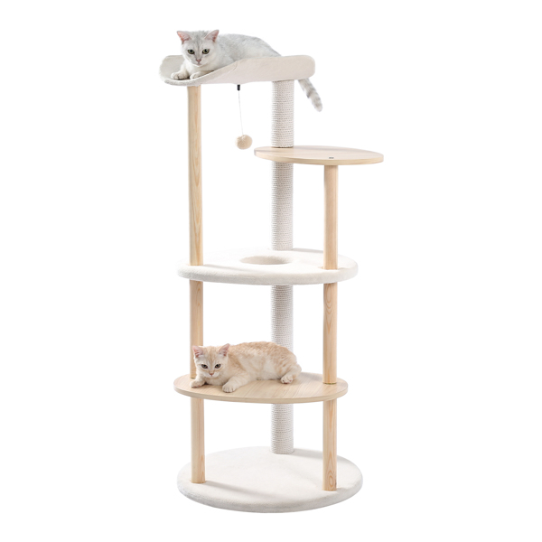 米色复式猫台带有顶部躺窝，剑麻猫抓柱，多层跳跃平台和毛绒吊球-8