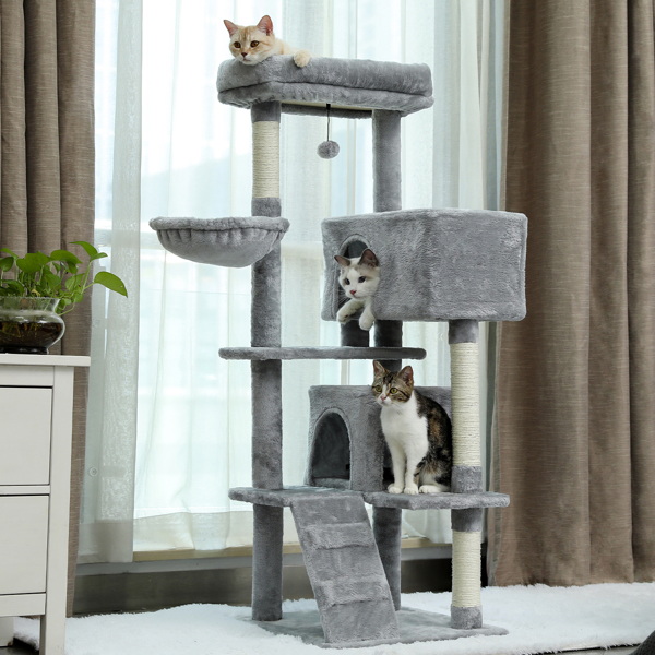 灰色多层猫台带有2个舒适猫窝，顶部躺窝和吊床，剑麻猫抓柱和毛绒吊球，适合中小型猫锻炼，休息-1