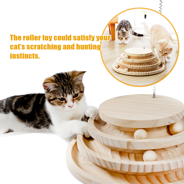 米色三层木质猫转盘带有小铃铛的羽毛玩具，猫互动木质小球玩具-5