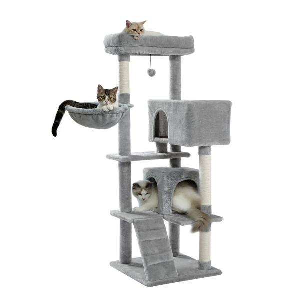 灰色多层猫台带有2个舒适猫窝，顶部躺窝和吊床，剑麻猫抓柱和毛绒吊球，适合中小型猫锻炼，休息（周末无法发货，请谨慎下单）-3