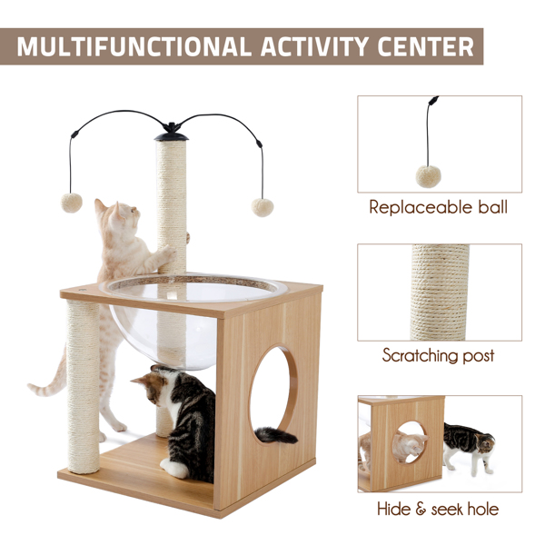 米色猫台带有透明躺窝，剑麻猫抓柱，和毛绒吊球，适合中小型猫娱乐，休息-4