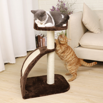 棕色小型猫台带有顶部躺窝，剑麻猫抓柱，适合猫锻炼和休息