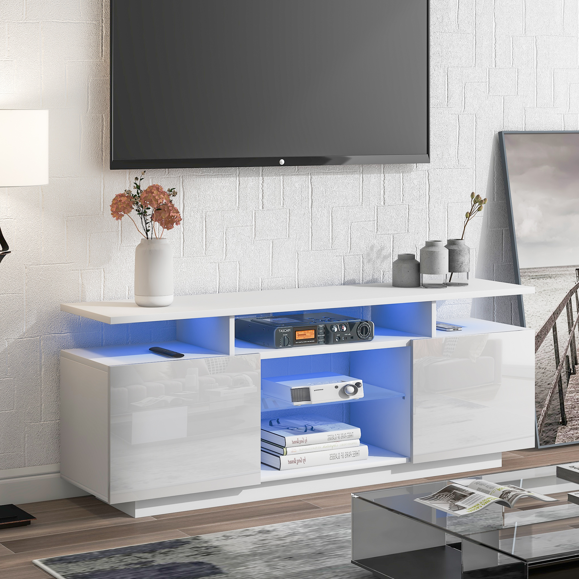 Modern TV Stand for TVs up to 55 Inches with LED lights, 16 Colors, for Livingroom, Bedroom (White)