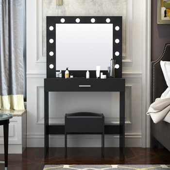 现代设计的卧室化妆梳妆台与灯和凳子，黑色