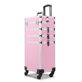 四合一化妆箱 平纹 带4个轮子 铝制边框 粉色