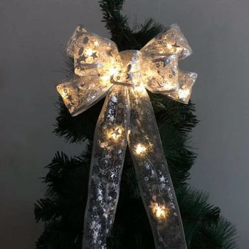 圣诞树装饰透明印花银色蝴蝶结(带灯)-彩色灯-1pc
