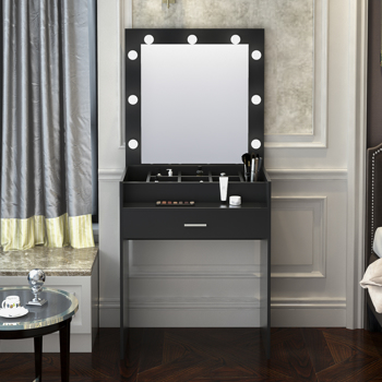 家用梳妆台配有镜子和傻瓜效率装置，15mm刨花板，1个抽屉和9个灯泡