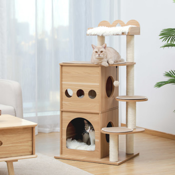 米色独特猫台带有2个豪华猫窝，宽敞的顶部躺窝，剑麻猫抓柱，侧边猫跳跃平台