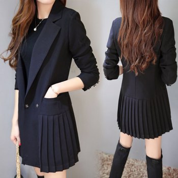 女式商务连衣裙办公室长款夹克黑色双排扣褶皱OL长袍套装加大码F345