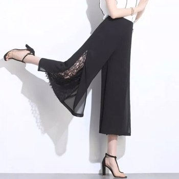 HI-FASHION女式韩国时尚雪纺阔腿裤夏季高腰蕾丝宽松裤休闲女式