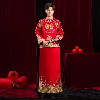 中国传统婚纱Pratensis风格情侣红晚礼服婚纱女性修身旗袍长袍