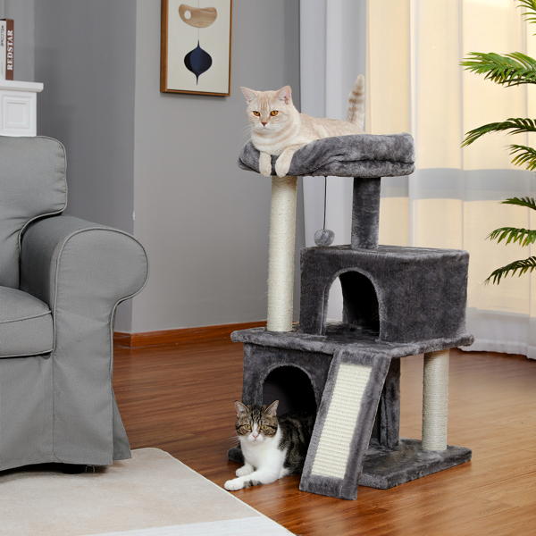 灰色多层豪华猫台带有2个舒适猫窝，1个宽敞的顶部躺窝，猫抓柱，坡道和猫互动玩具晃球-1