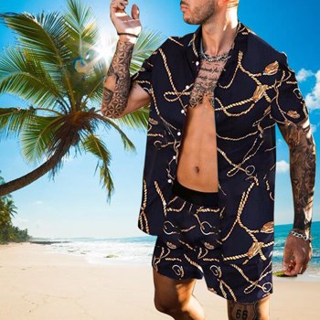 男士夏威夷度假印花套装2022夏季翻领短袖纽扣衬衫海滩短裤街头休闲男装套装2件