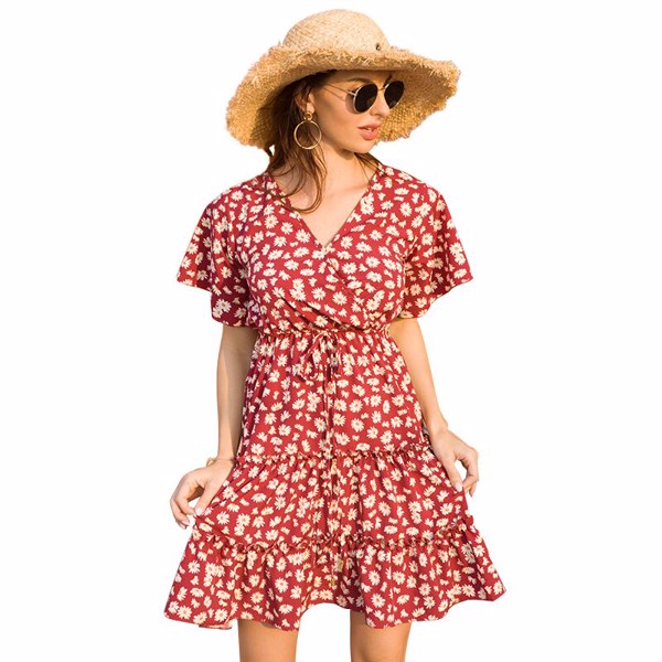 夏日女式印花连衣裙波西米亚迷你海滩性感V领短袖休闲女式派对连衣裙Vestido Femme-1