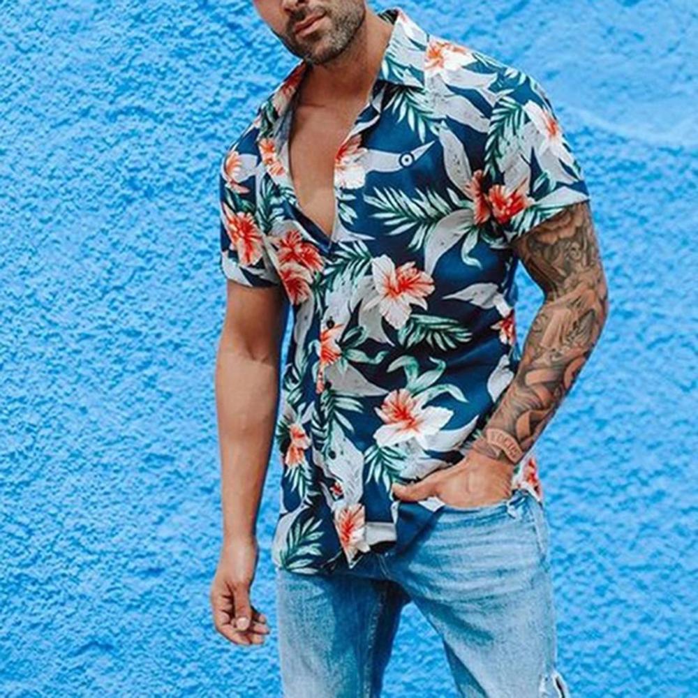 Modis Men's Summer Casual Hawaii Shirts Short Sleeve Tropical Print Button Down Shirt Top Streetwear Real Sociedad Clothing