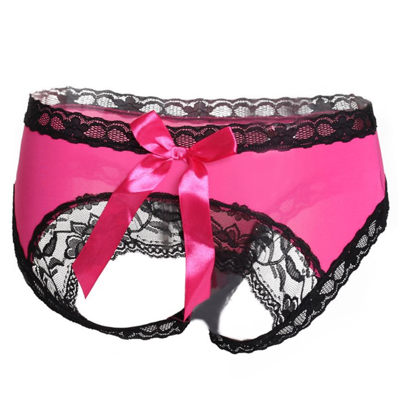 Women Sexy Open Butt Panties Big Bowknot Floral Lace Trim Hollow Lingere Briefs