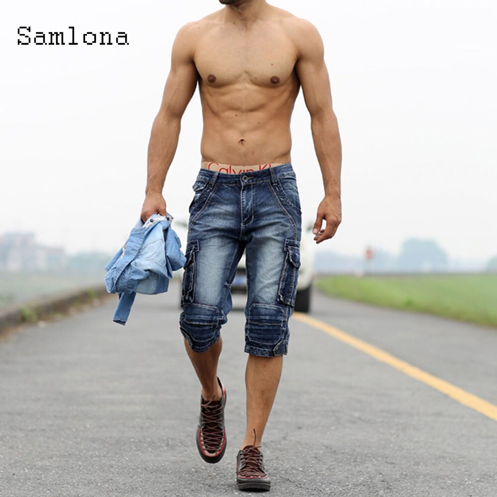 Samlona Men Demin Shorts Summer New Sexy Jean Skinny Male Punk Style Zipper Multi-pocket Dance Short Pants Mens Clothing