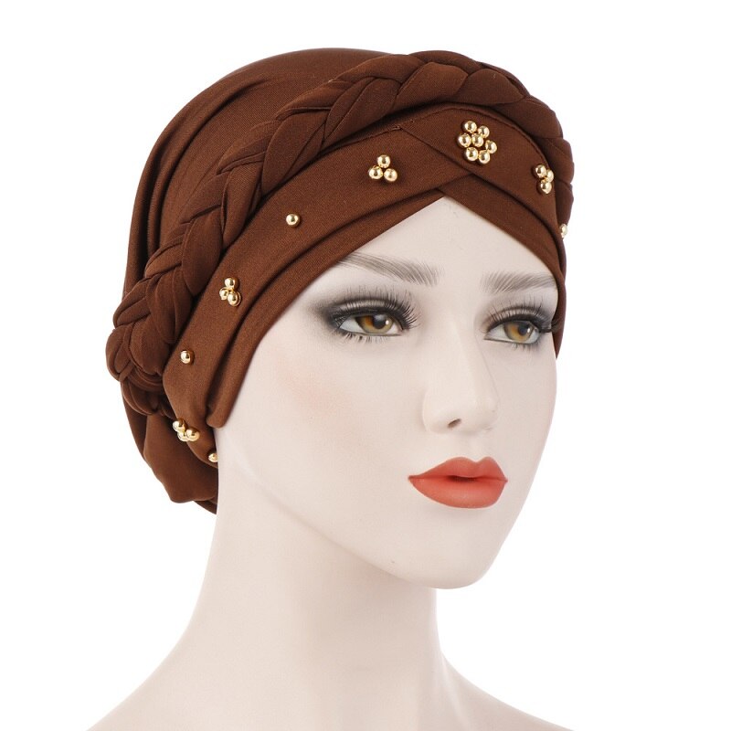 Gold Pearl Beaded Women's India Hat Muslim Turban Islamic Headwear Beading Braid Tail Chemo Beanie Scarf Hijab Cancer Wrap Cap