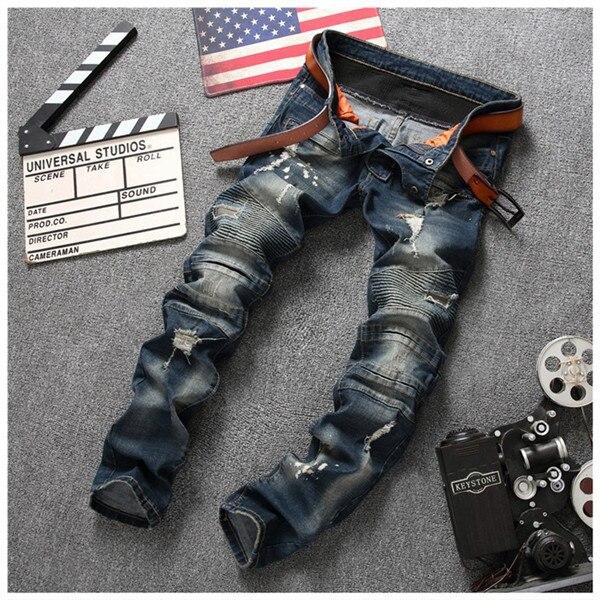 Men's Distressed Ripped Jeans Fashion Designer Motorcycle Moto Biker Denim High Quality Elastic Hip Hop Men 001-3