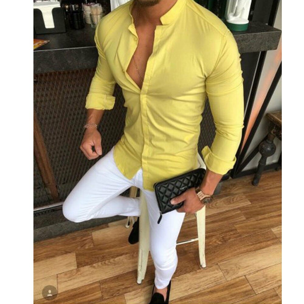 Hot Men's Slim V Neck Long Sleeve Muscle Solid Shirt Casual Shirts Tops Blouse Men Fit Buttons Drop Shipping