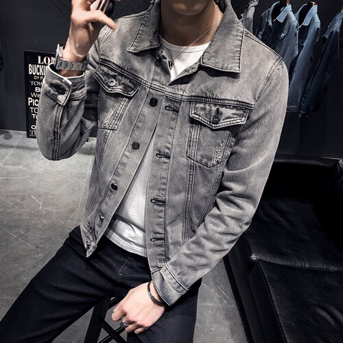 Denim Jacket Men Hole Retro Motorcyle Basic Coat Streetwear Hip Hop Bomber Cowboy Men's Jean Chaqueta Hombre