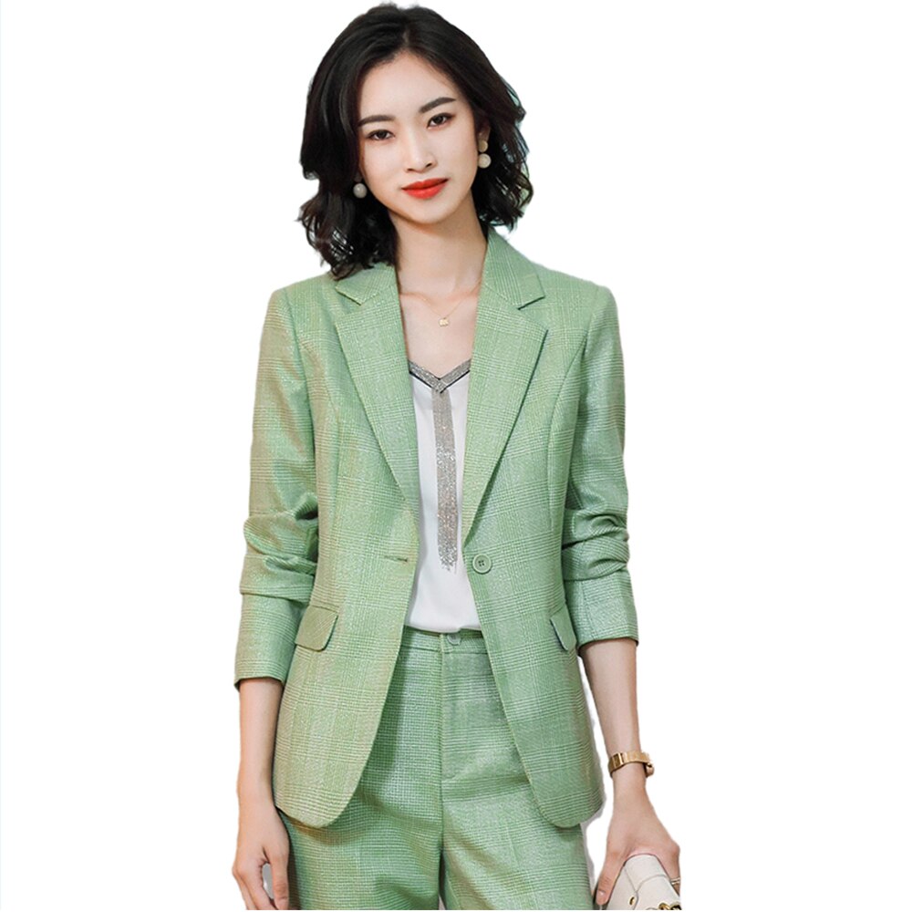 Women Pant Suit Office Lady Business Work Wear Apricot Green 2 Piece Set For Spring Fall Winter