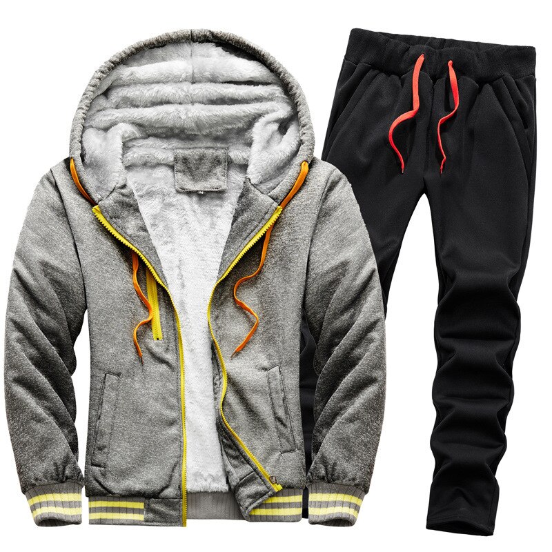 Winter Men's Thickened Warm Tracksuit Set Solid Thread Casual Sportswear Hoodie Cardigan Loose Plus Size Sweatshirt