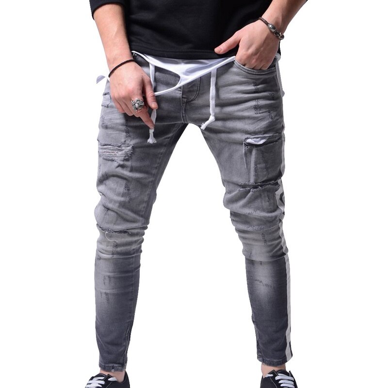 Men Stretchy Ripped Jeans Skinny Biker Zipper Slim Fit Destroyed Hole Taped Denim Scratched High Quality Jean